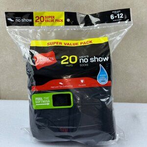 Hanes Men's No-Show Black Socks 20 Pairs Comfort Cotton Blend Pack Size 6-12 NWT